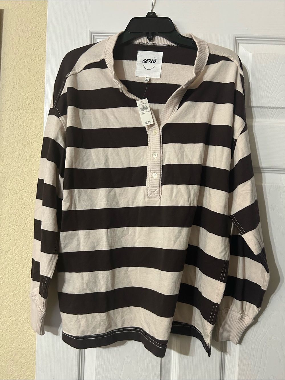 aerie Long-Sleeve Henley in Brown and Cream Stripes